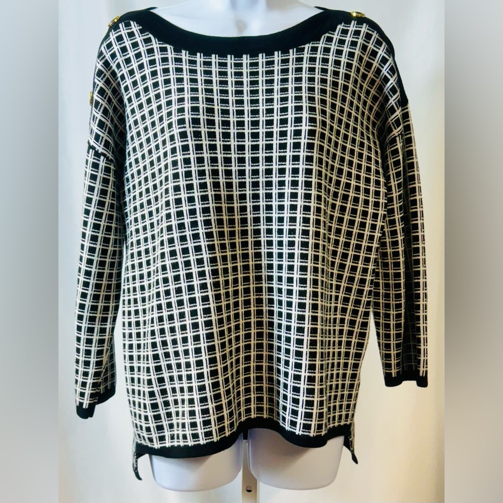 Cable‎ & Gauge Black & White Scoop Neck Checked 3/4 Sleeve Sweater size L